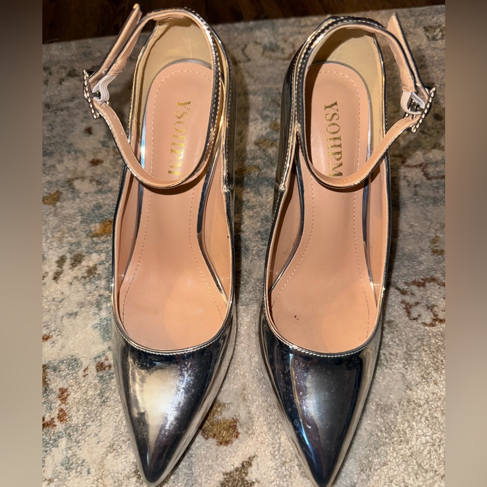 Metallic Silver Ankle Strap 4” Heels sz 8.5 - Picture 1 of 4